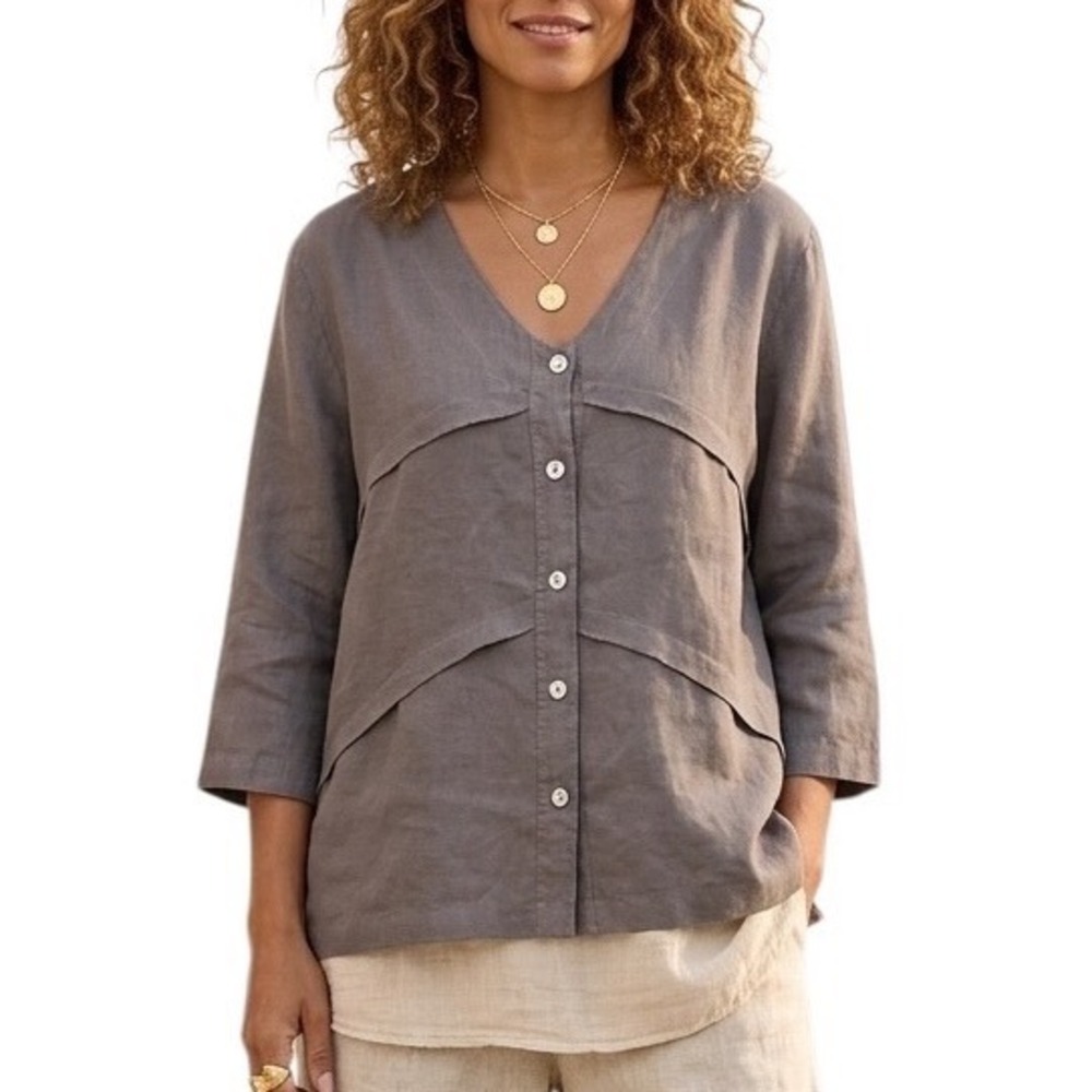 Mosaic USA 100% Linen Womens Button Front V-Neck Blouse Taupe Grey Lagenlook Top